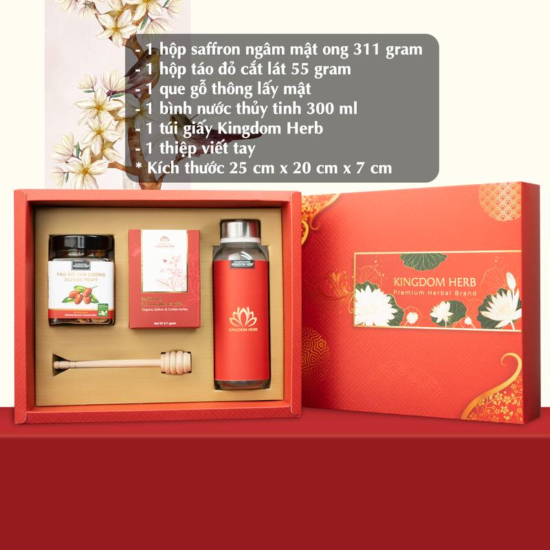 Hộp quà tặng, set quà tặng saffron ngâm mật ong và táo đỏ / kỷ tử chính hãng Kingdom Herb