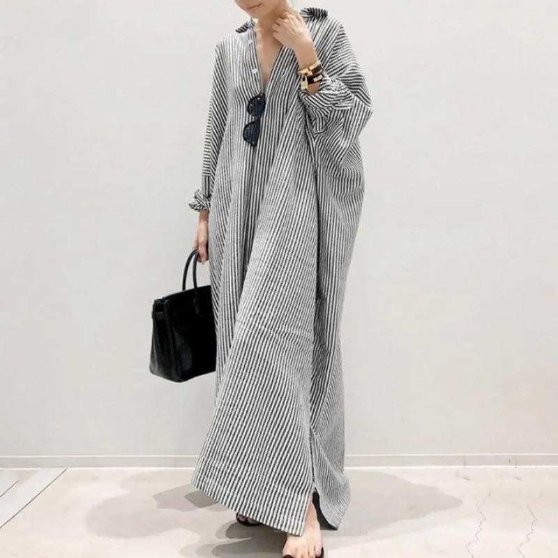 Product Introduction of New Elegant Striped Cardigan Loose Dress Womens Lapel Long Sleeve Long Shirt Dress Ladies Stripe Print Button Up Cardigan Dress 8