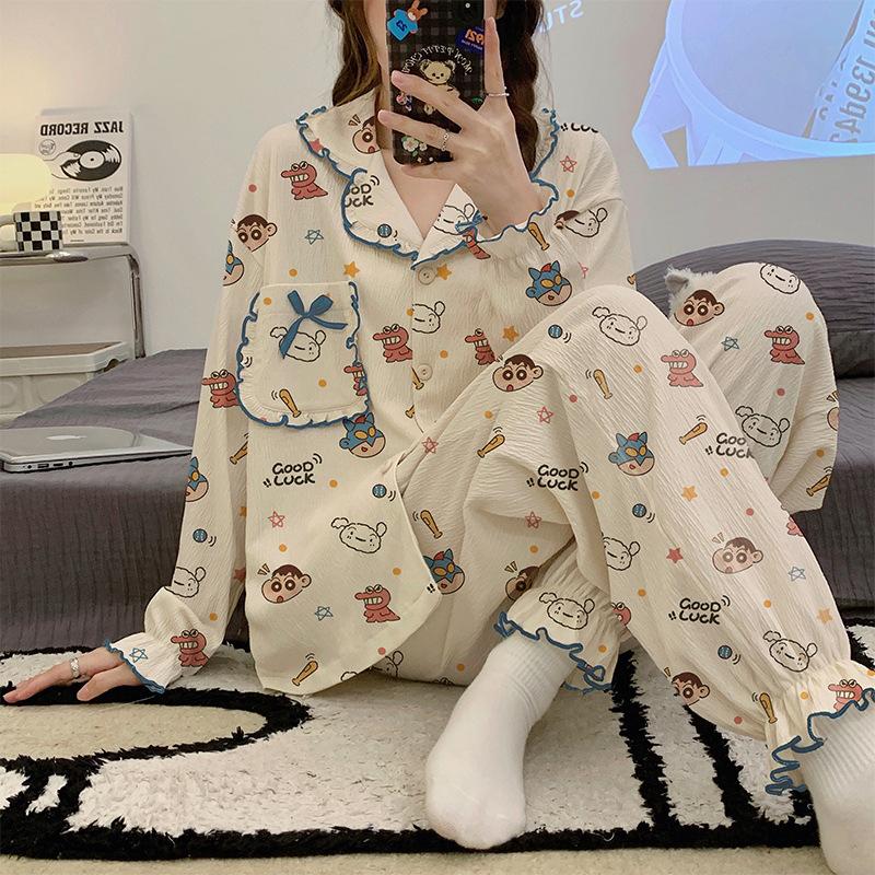Bộ Đồ Pijama Nữ Tiểu Thư Tay Dài Quần Dài Chất Đũi Xốp Họa Tiểt Hình Gáu Shin Cao Cấp Freesize ,Đồ Ngủ Nữ Mặc Nhà Giá Rẻ