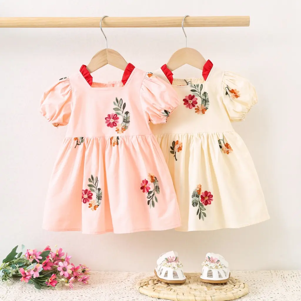 Baby Girl Summer New Dress Cotton Embroidered Flower Short Sleeve Princess Dress Children's Party Dress 0 Suitable for -3 Years Old