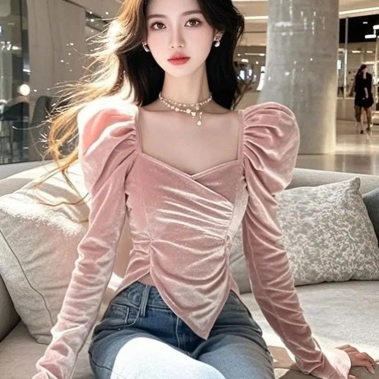 Young French Minority Pink Velvet Long Sleeves Shirt Women's High-End Slim Fit Puff Sleeve Inner Wear Blouse 2024 Winter Top Lingerie Basic Chic Minimalist Womenswear Comfort
