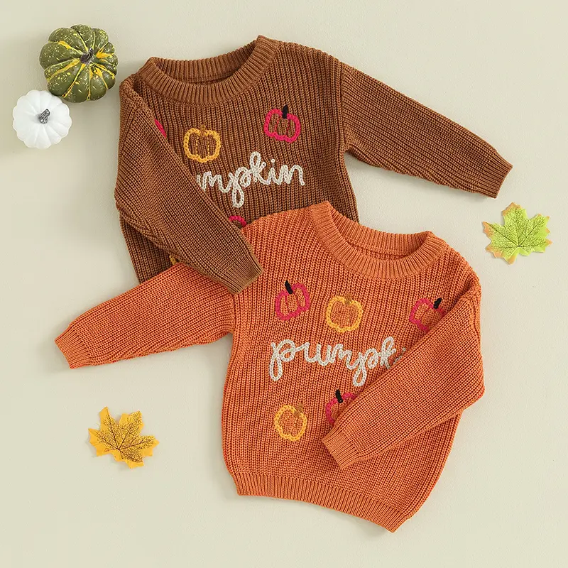Baby Boys Girls Sweater Pumpkin Letter Embroidery Crew Neck Long Sleeve Pullovers Fall Toddler Halloween Clothes Jumpers Tops