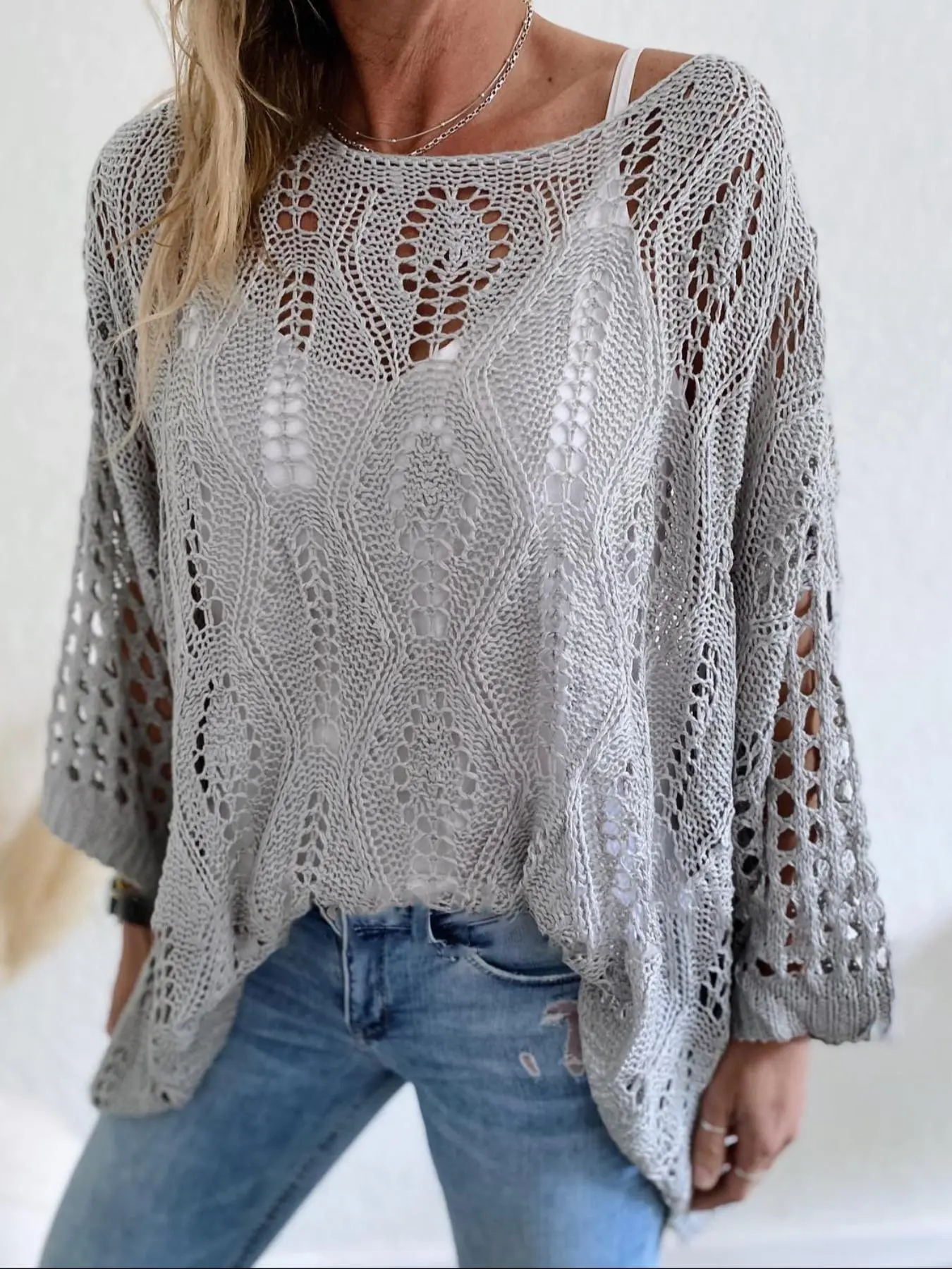 Women's Plain Hollow Out Sweater, Boho Casual Long Sleeve Round Neck Jumper for Spring & Fall, Fashion Women's Knitwear for Daily Wear, Elegant Going Out Tops