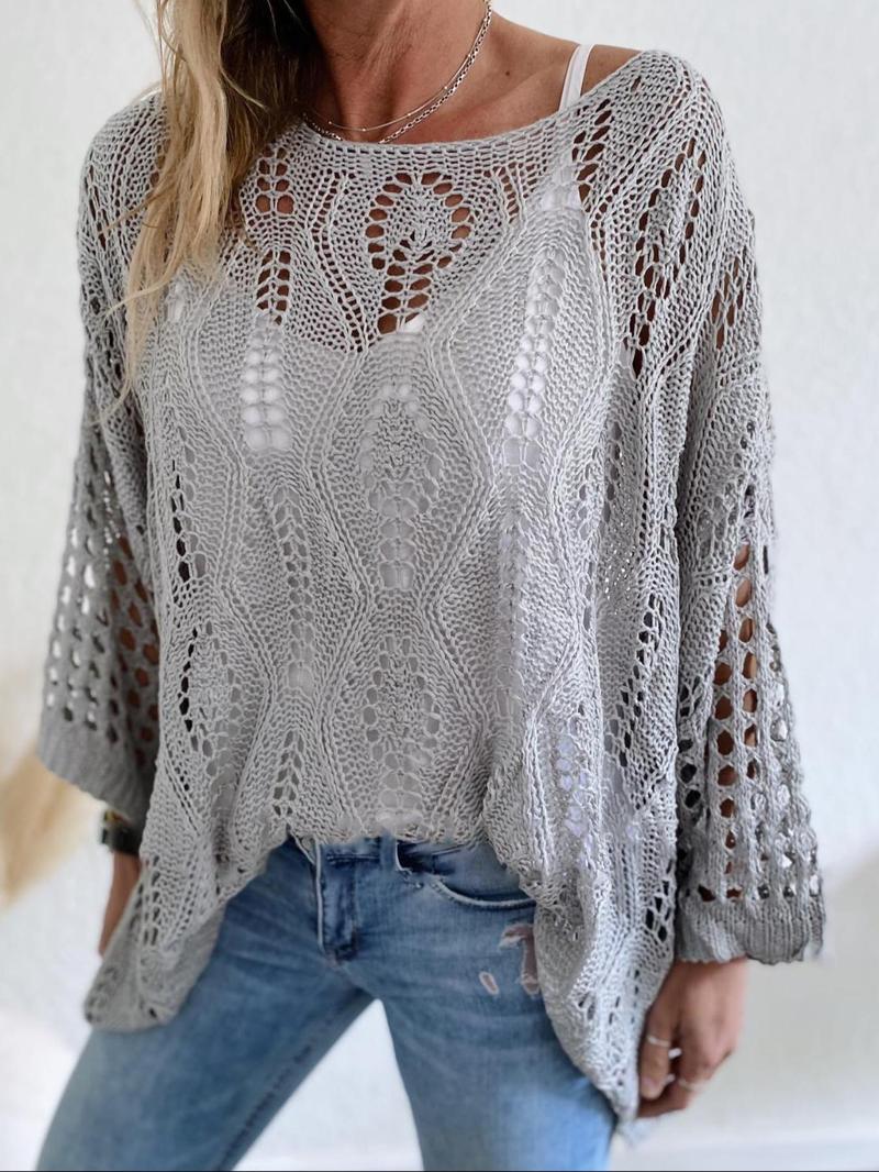Product Introduction of Women's Plain Hollow Out Sweater, Boho Casual Long Sleeve Round Neck Jumper for Spring & Fall, Fashion Women's Knitwear for Daily Wear, Elegant Going Out Tops 1