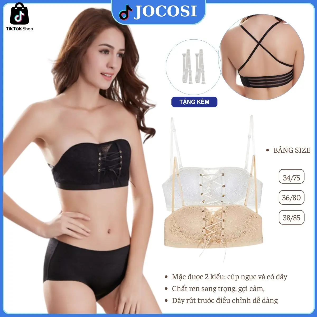 Áo ngực nữ không dây phối ren không gọng mềm mại - Áo ngực không gọng dây rút nữ đệm đúc su đệm mút bàn tay nâng ngực tạo khe sexy JOCOSI