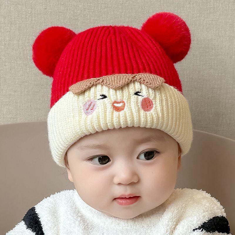 Product Introduction of Cute Warm Fur Ball Earmuffs Hat Autumn and Winter Baby Hat Woolen Cap Baby New Year Red Winter Thockening 0