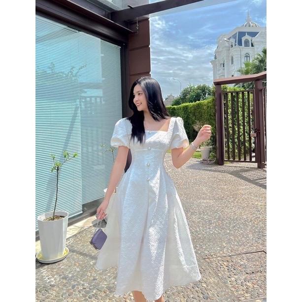 Đầm dự tiệc cổ vuông gấm hoa phối nút có BIGSIZE Chame Dress Nữ Women Sen Voi Trắng Voan Kem vaytet váy  dâu đi bàn trang xinh đầm  đen đám cưới