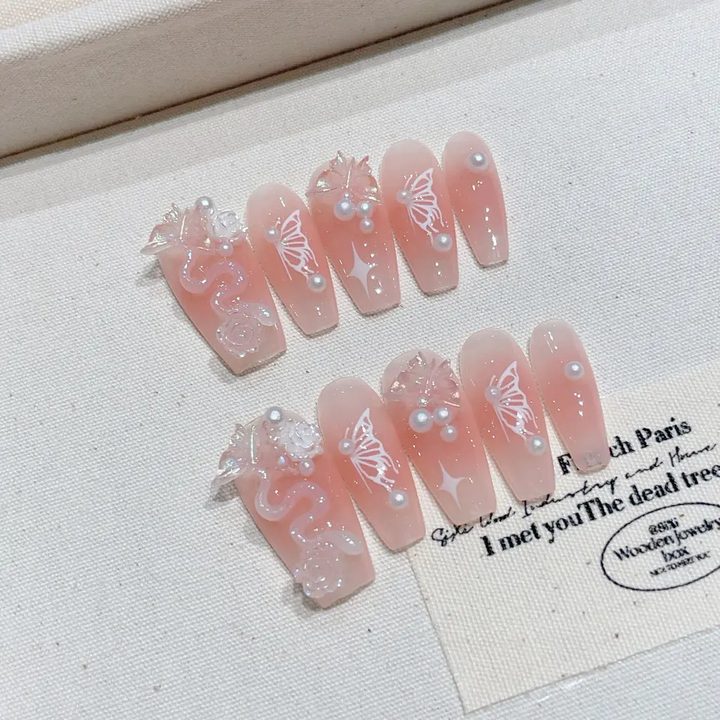 LADY KINDOM 10pc/set Handmade Press on Nails Girl Pink Snake Butterfly Middle Ladder Cute and Dynamic Fashion Camellia Fake Nail Detachable