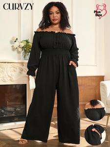 CURVZY Plus Size Swiss Dot Off Shoulder Shirred Waist Pocket Jumpsuit, Boho Flounce Sleeve Wide Leg Jumpsuit for Vacation Holiday Party, Women's Clothes, Fall & Winter Clothes