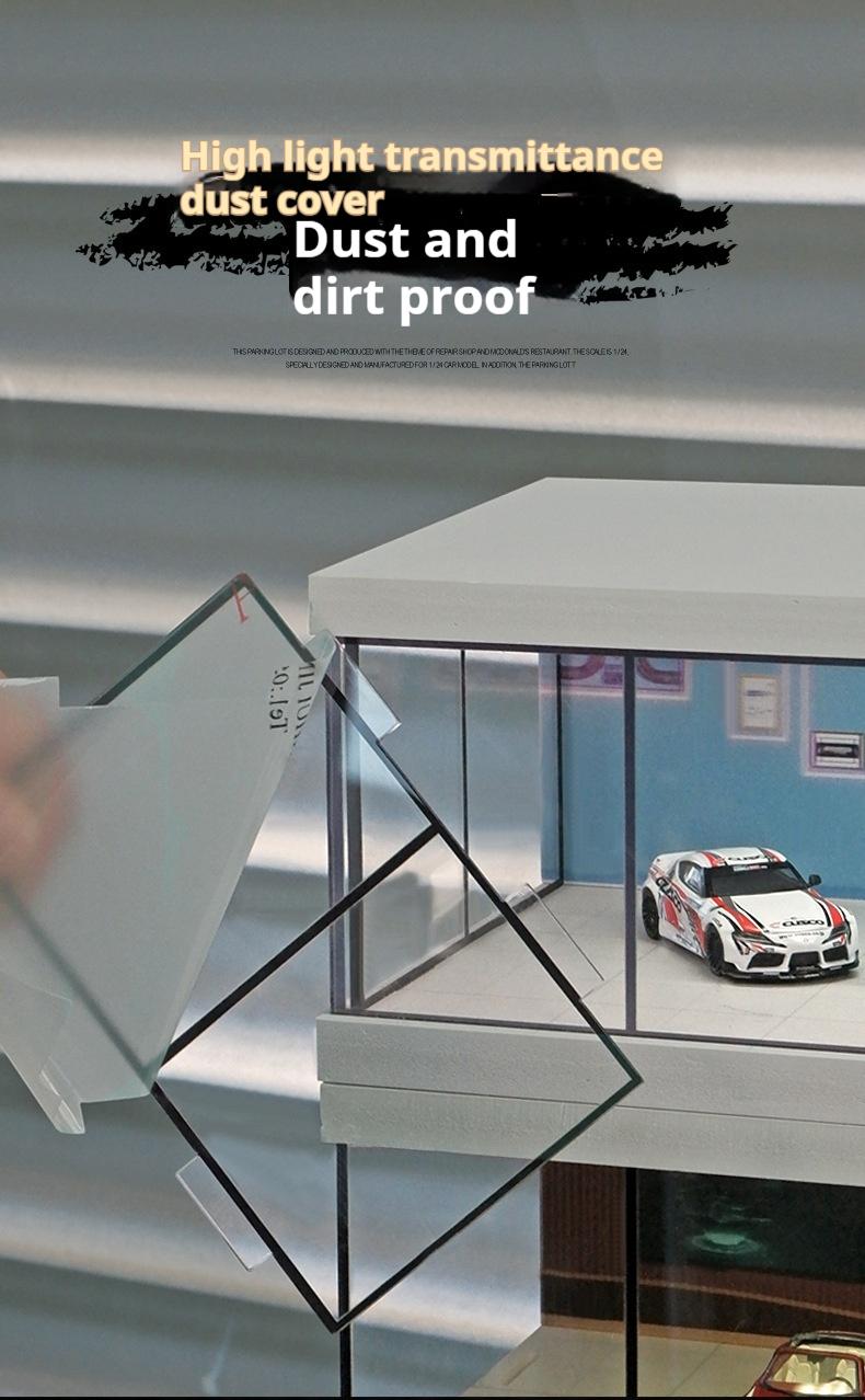 Product Introduction of Alloy die-cast car parking lot model, suitable for 1:64 scale car models, simulated garage scene, highly transparent dust-proof box, with lights, assembly model, for storing car models, for decoration and collection, a gift for boys 10