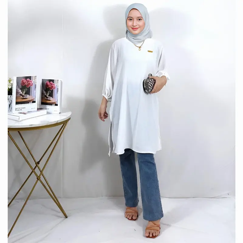 Atasan tunik crinkle polos tangan rempel karet 3/4 kancing belakang 2
