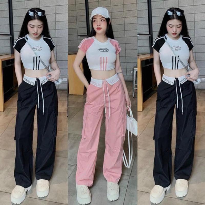 Set áo thun croptop phối viền mix quần suông bẻ lai chữ cùng tone sáng da, xinh xắn Nữ Top Women 0