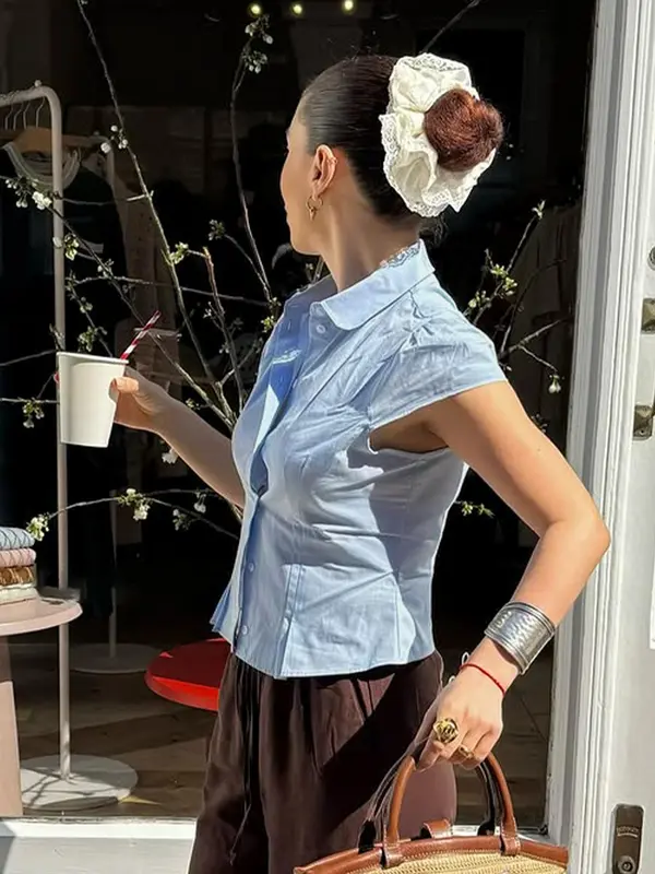 Women's Plain Collared Shirt, Casual Short Sleeve Top for Summer, Fashion Women's Top for Daily Wear, Blouse 2
