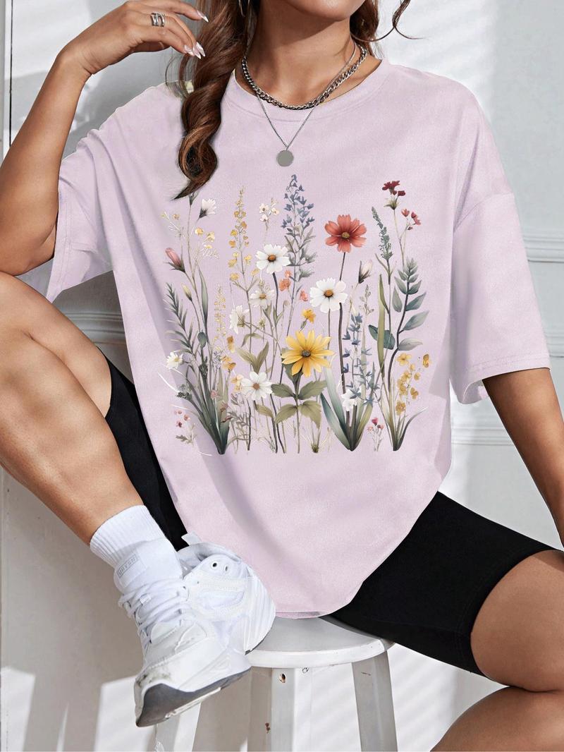 Product Introduction of Women's Floral Print Round Neck Tee, Casual Drop Shoulder Short Sleeve T-shirt, Ladies Summer Clothes, Tops for Women, Clothing 10