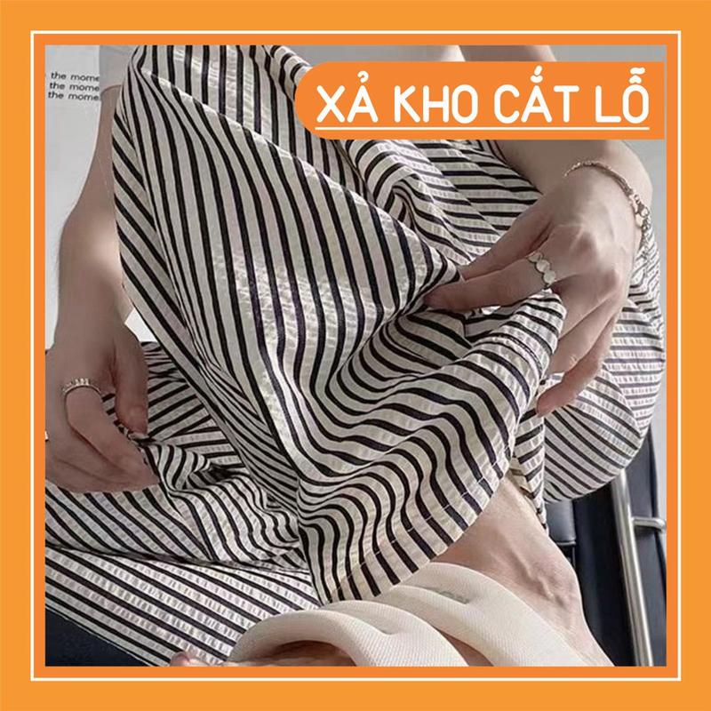 Quần kẻ ống rộng dáng suông nữ cạp chun lưng cao hoạ tiết kẻ sọc lạ mắt chất đũi thô nhăn, Quần ống rộng 0