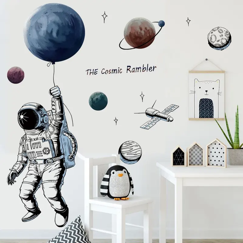 Space Theme Cartoon Wall Sticker, 1 Set Self Adhesive Wall Decal, Removable DIY Wall Decor for Home Living Room Bedroom School Classroom 4
