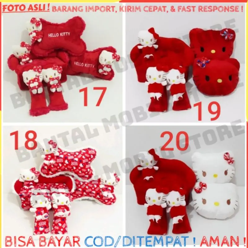 SET CAR BANTAL HEADREST SANDARAN KEPALA LEHER JOK TISU TISSU TISUE TISSUE SABUK PENGAMAN SAFETY BELT KURSI MOBIL BONEKA KUCING CAT HELLO KITTY MERAH PUTIH 3 E
