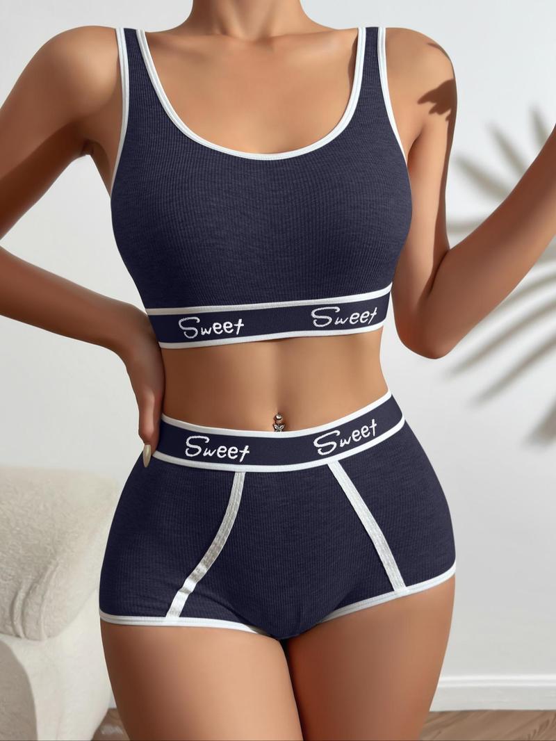 Product Introduction of Women's Letter Tape Contrast Binding Bra & High Waist Panty Set, Fashion Soft Comfortable Breathable Bra & Underwear Set, Lingerie Set for Women 5