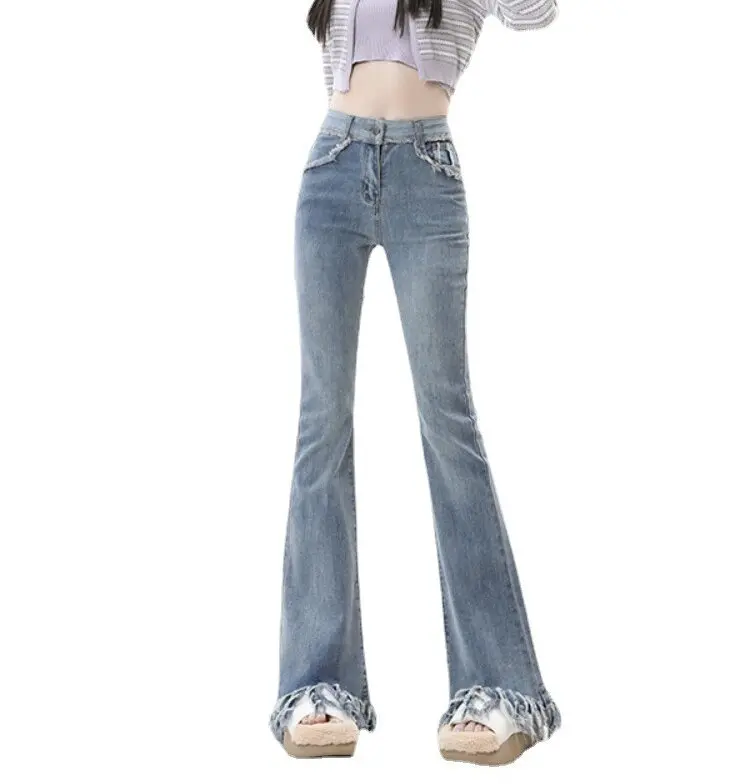 Jeans pinggang tinggi serbaguna untuk wanita jeans slim fit teh rumbai gaya baru jeans sedikit melebar #135