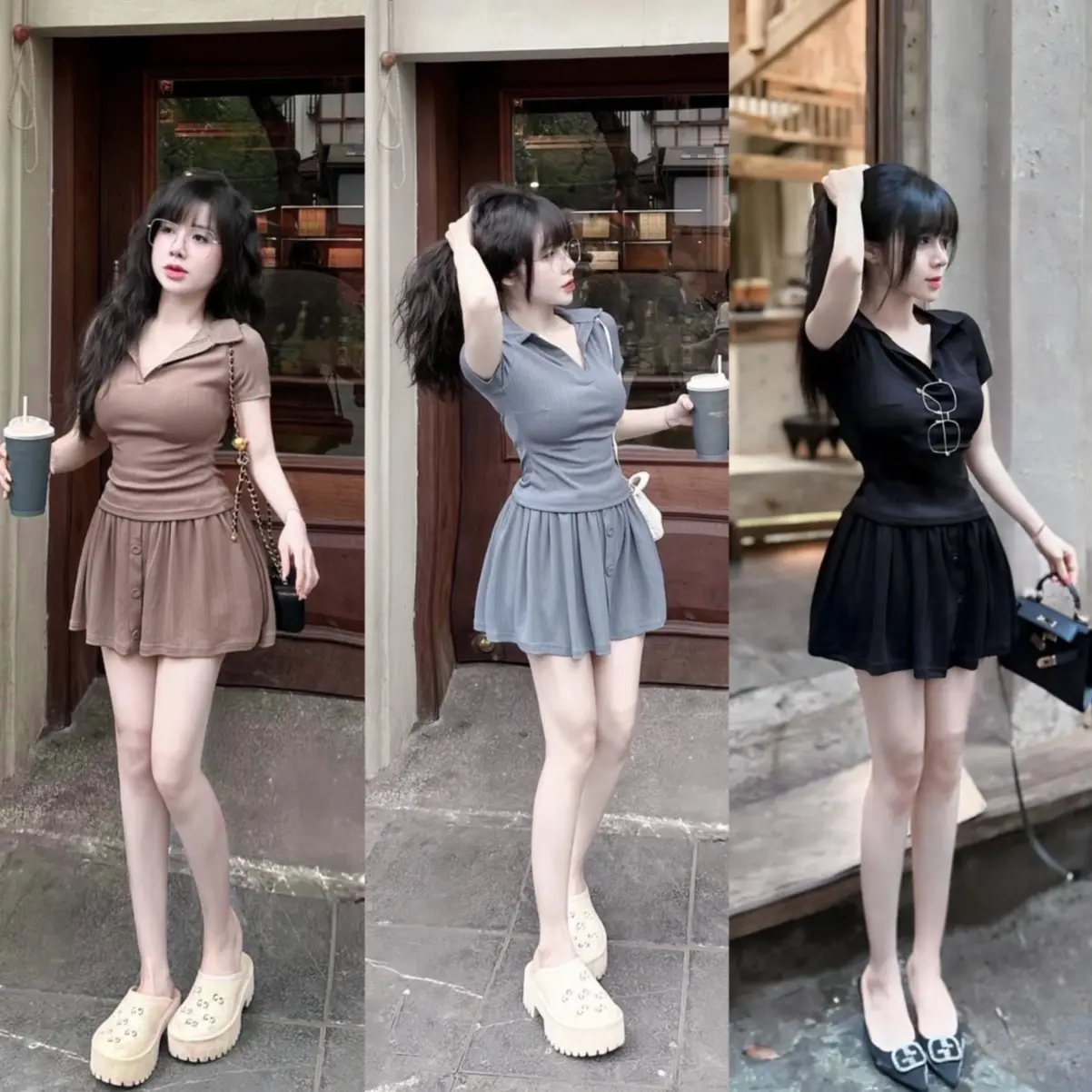 Set áo polo mix chân váy xếp li thun tăm lạnh