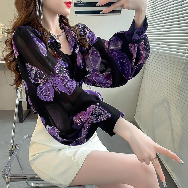 Áo Sơ Mi Voan Nữ In Hình Bướm Màu Tím Mơ Mộng Tay bồng Lập Thể Tay Phồng Chống Nhăn Dáng Rộng Vừa Vặn Phong Cách Hẹn Hò Thiết Kế Bó Sát Thanh Lịch
