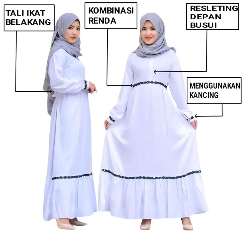 Baju Gamis remaja wanita dewasa Syakira Putih terbaru kekinian Baju Kondangan Modern Kombinasi Renda Tebal Crepe Muslim Dress  Kancing Syari 3