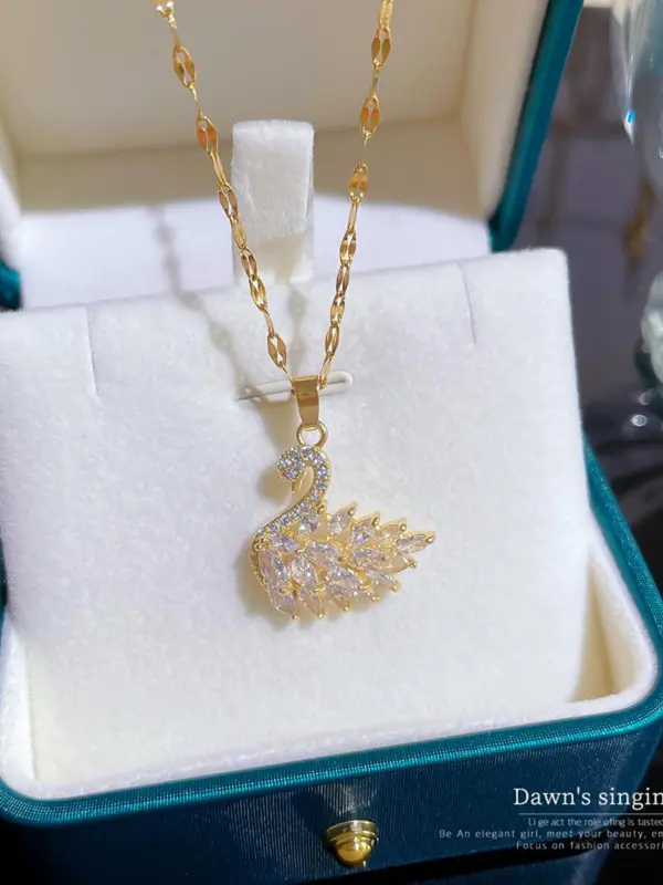 Elegant Rhinestone Decorated Swan Shaped Pendant Necklace, Exquisite Luxury Matching Necklace, Iced out Jewelry As Women for Gift, Stainless Steel Cute Japanese Accessories 4
