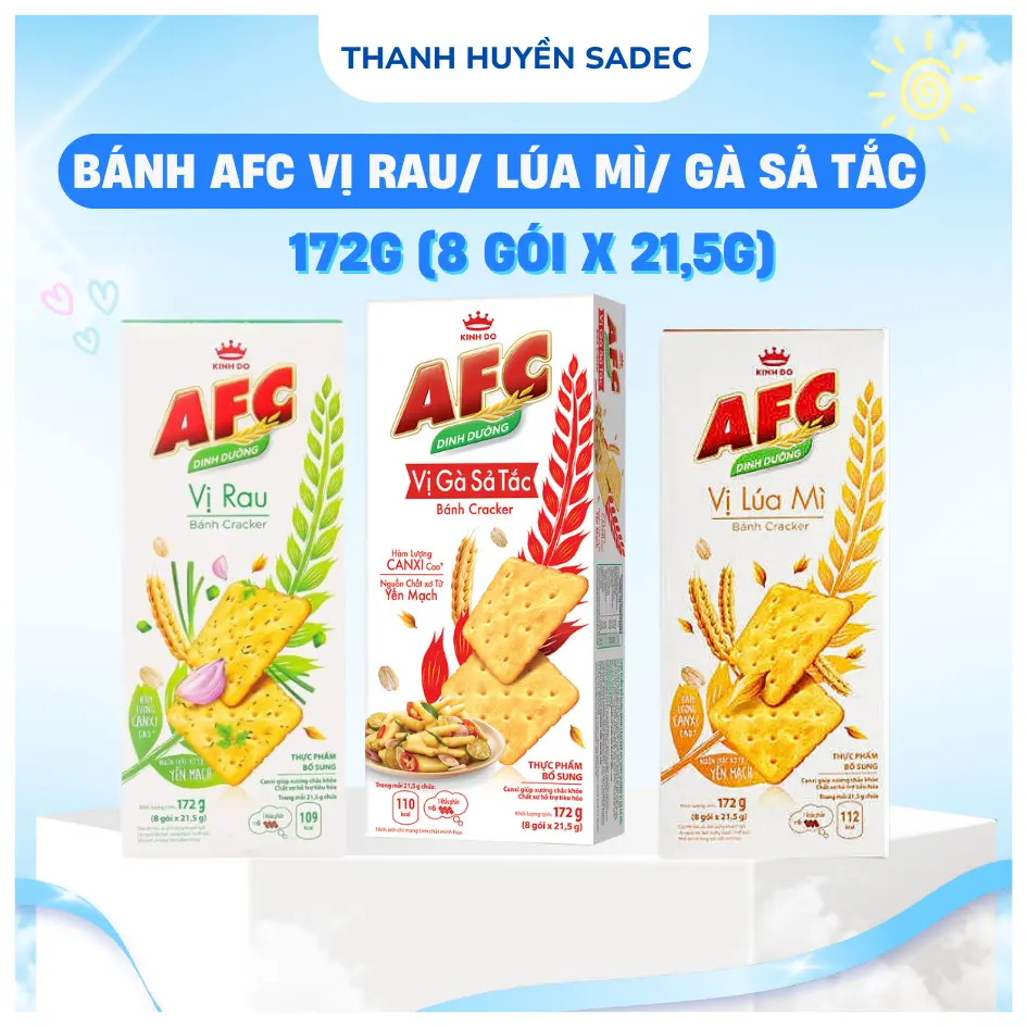 Bánh Cracker AFC Vị Rau, Lúa Mì, Gà Sả Tắc 172g (8 Gói x 21,5g) Dinh Dưỡng – Hương Vị Thơm Ngon, Tốt Cho Sức Khỏe