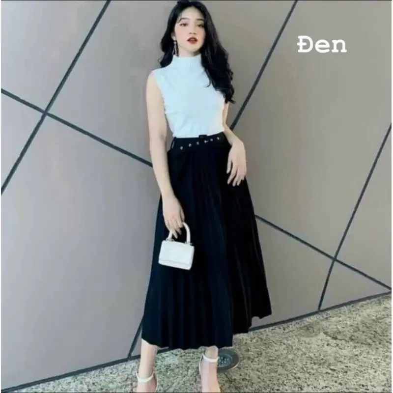 Chân váy xếp ly kèm đai dáng dài hàng QC Nữ 0