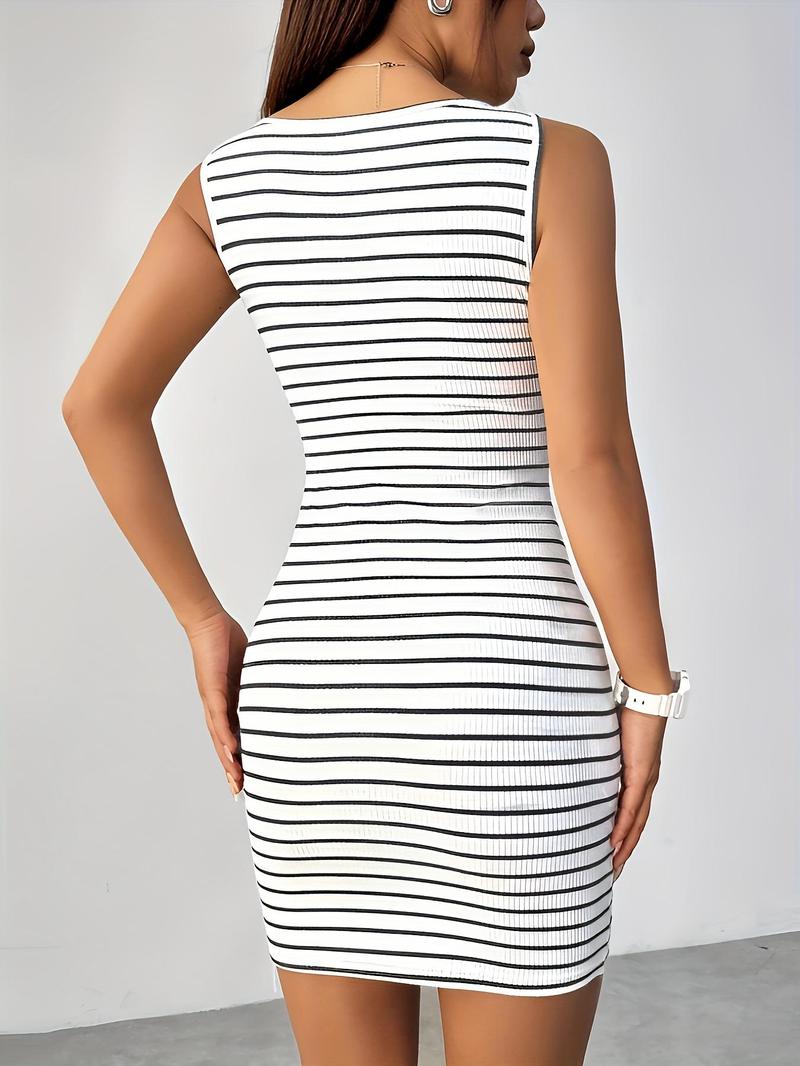 Product Introduction of Women's Striped Print Button Front Tank Dress, Casual Sleeveless Square Neck Bodycon Dress for Spring & Fall, Women's Clothing for Daily Wear 2
