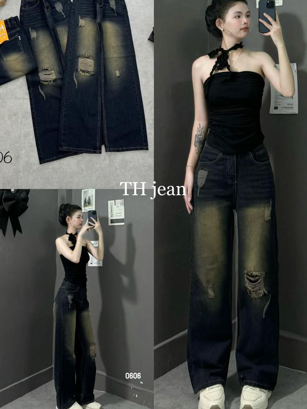 Quần jean Xuông ống rộng 0606 rách nhiều thời trang trẻ phong cách cá tính.chất vải bò dày mềm không co giãn cao cấp Nữ Women Pants Voi