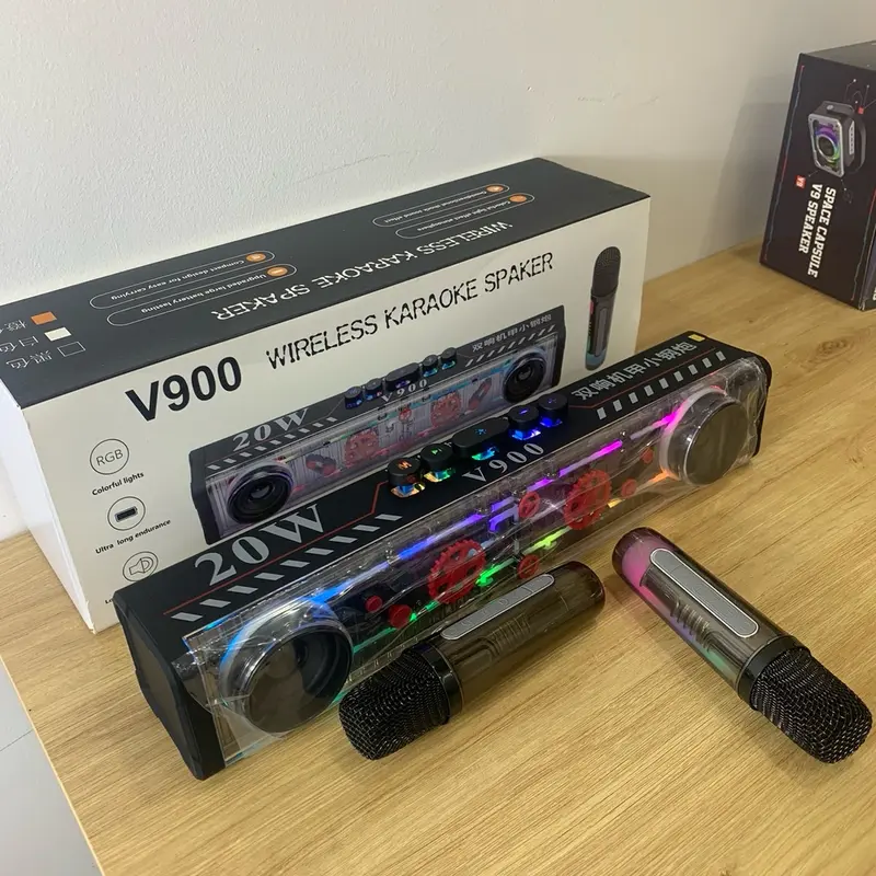 Loa karaoke bluetooth V900,công suất 20w  tặng kèm 2 míc không dây, đèn led cảm ứng theo nhạc Nghe Nhạc Củ Loa 5