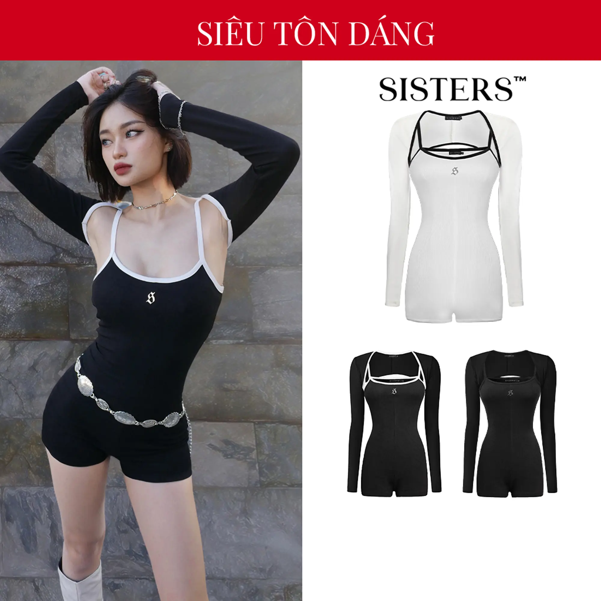 Bodysuit nữ sexy SISTERS tặng kèm áo khoác ôm dáng màu đen, trắng Esther Jumpsuit hai dây| SS2-J7