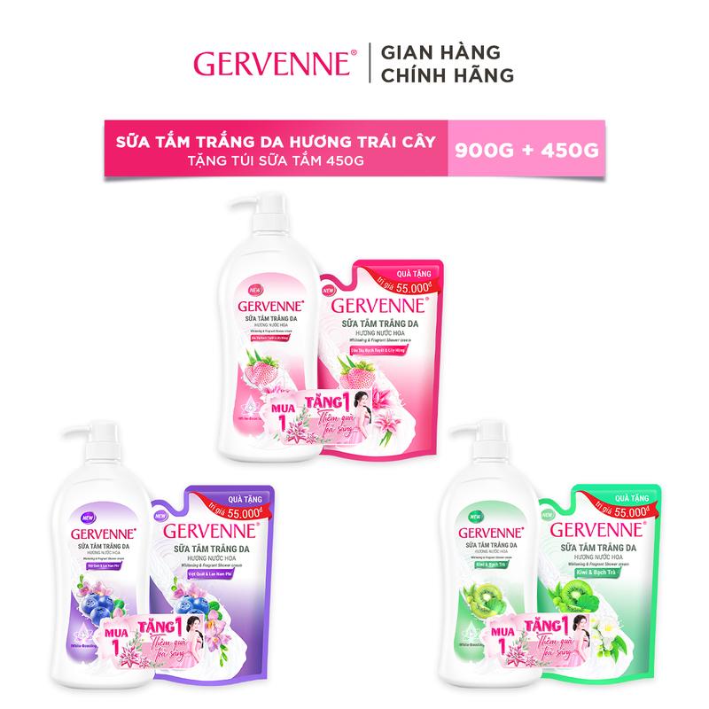 Sữa tắm Gervenne Dâu Tây và Lily Hồng/Kiwi & Bạch Trà/Việt Quất & Lan Nam Phi 900g + Tặng Túi sữa tắm 450g