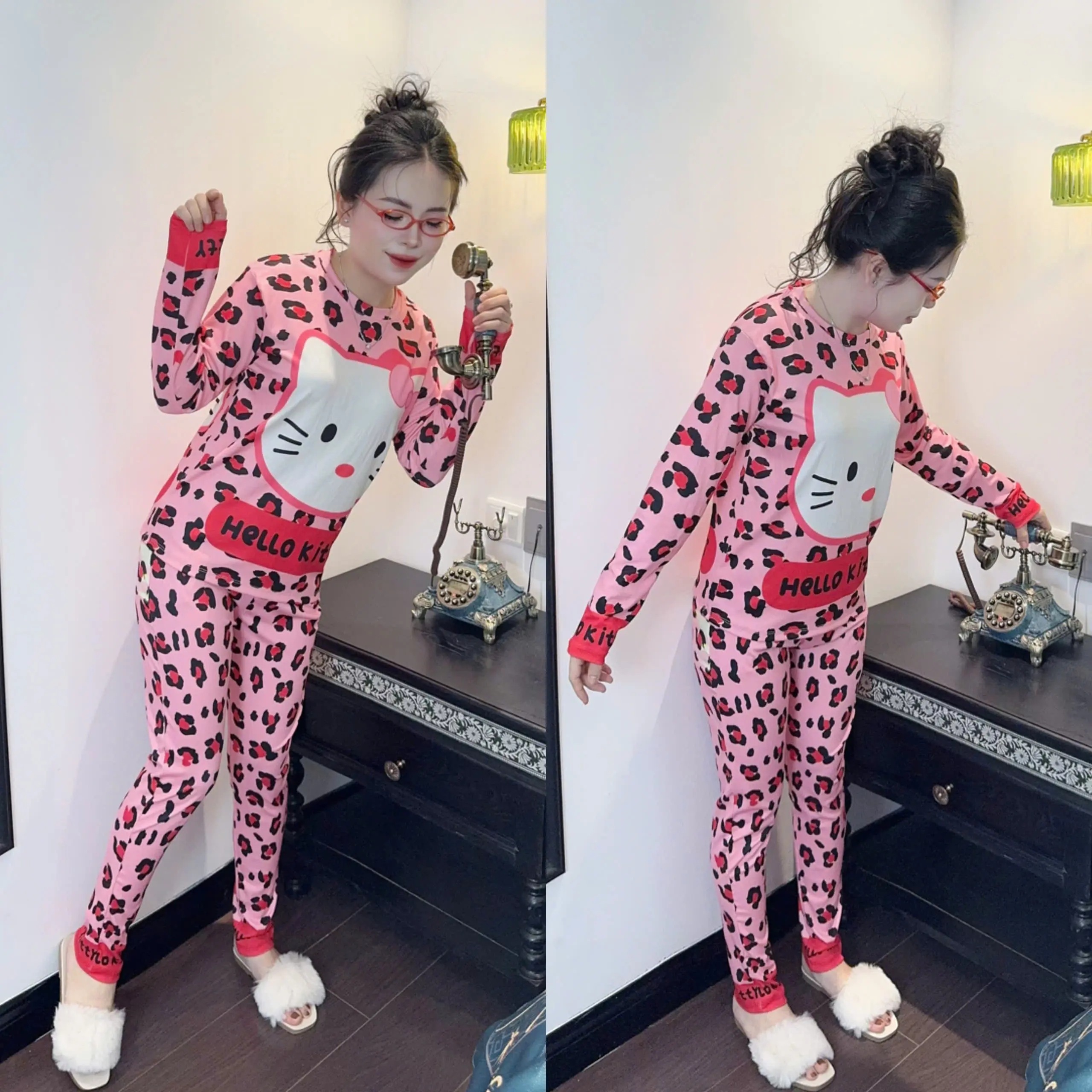 Bộ Cổ Tròn Chất Tăm Lạnh In Hình BabyThree Tay Dài Quần Baggy
