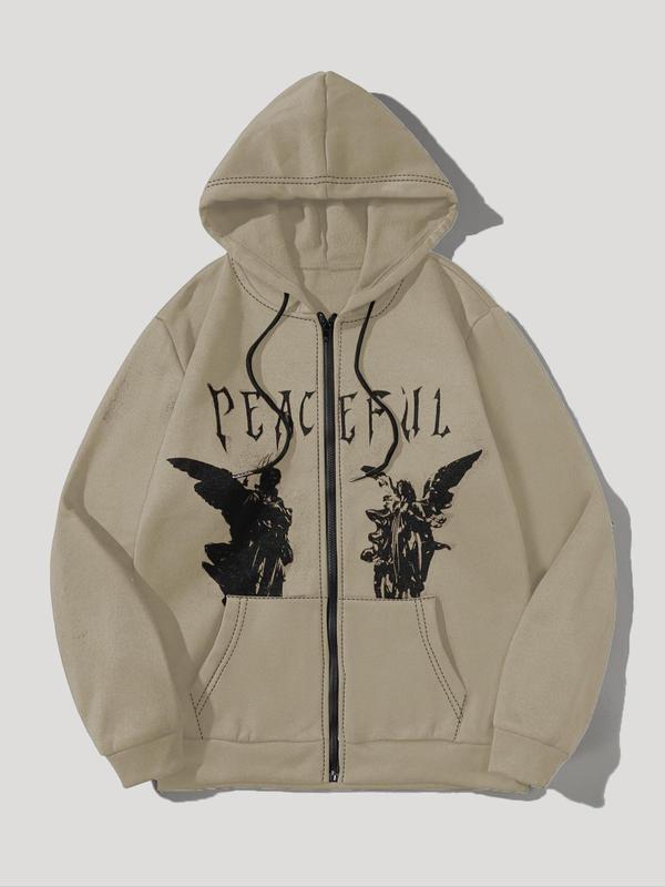 Unisex Men's Angel Print Zip Up Warm Hoodie, Casual Drawstring Pocket Hooded Sweatshirt for Fall & Winter, Essential Hoodie, Going Out Outfits 3