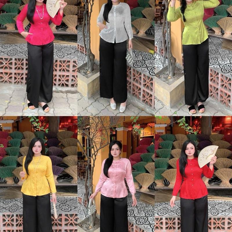 Bộ bà ba kèm quần đen 55-90kg áo gấm quần phi lụa Quỳnh như bigsize