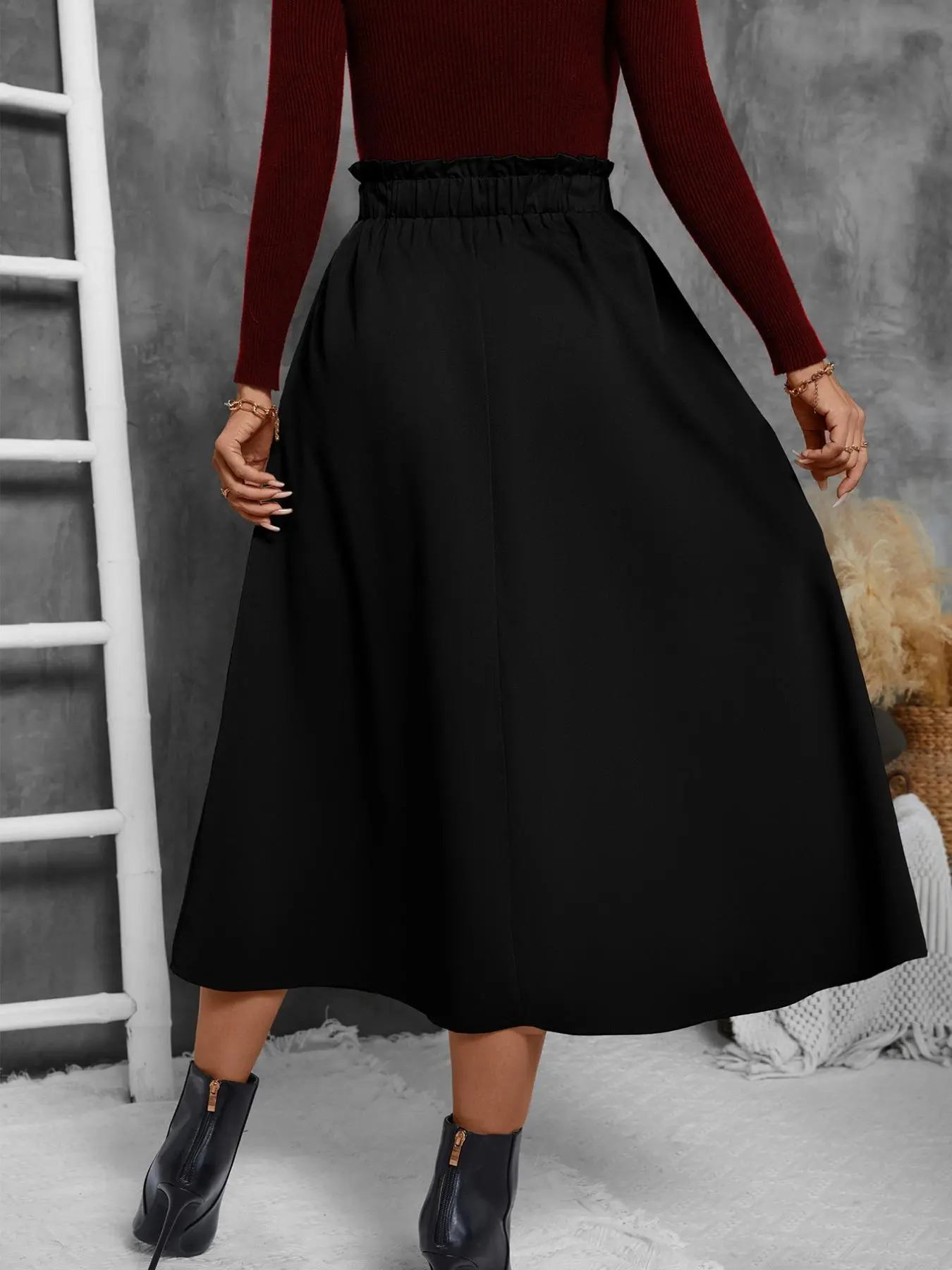 Women's Solid Frill Trim Elastic Waist Skirt, Casual Fashion Pocket A Line Midi Skirt for Daily Outdoor Wear, Women's Bottoms for Spring & Fall