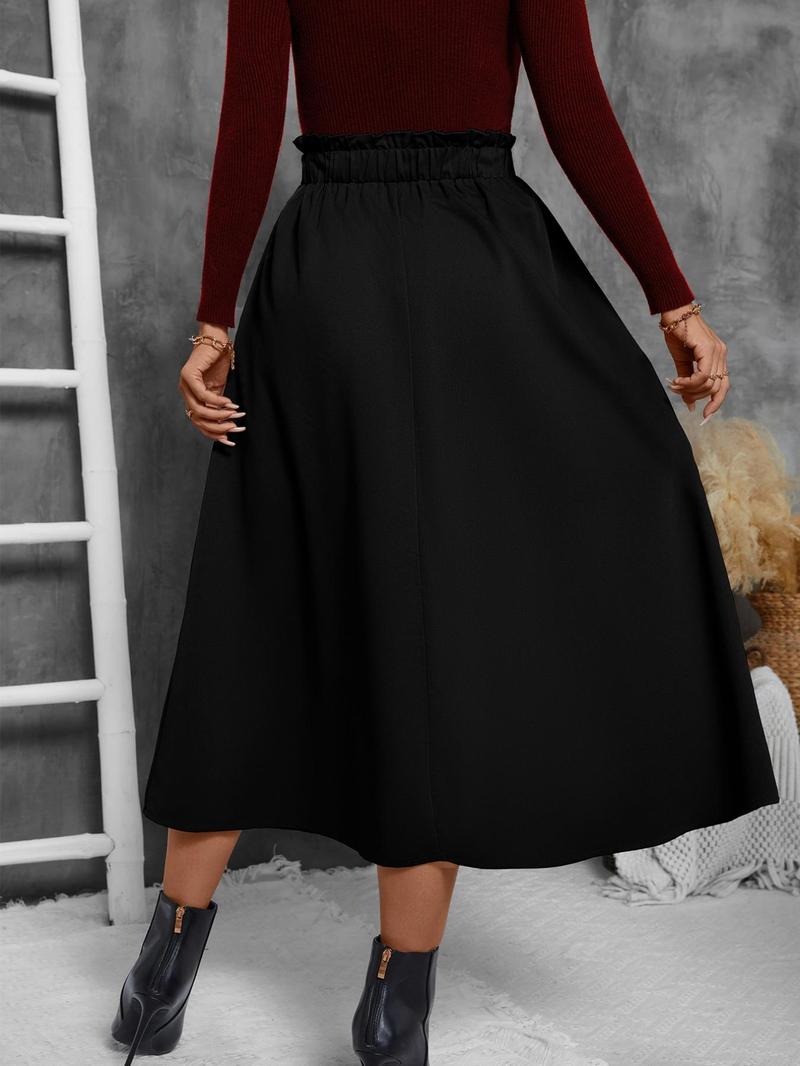 Product Introduction of 【2025】Women's Solid Frill Trim Elastic Waist Skirt, Casual Fashion Pocket A Line Midi Skirt for Daily Outdoor Wear, Women's Bottoms for Spring & Fall 3