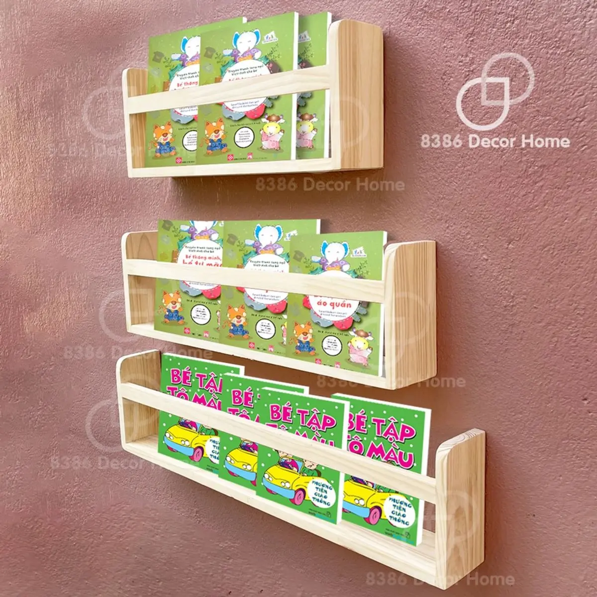 Giá sách mầm non, giá sách treo tường, kệ treo tường đa năng nhiều kícḣ thước (nhận sản xuất kich thước theo yêu cầu)