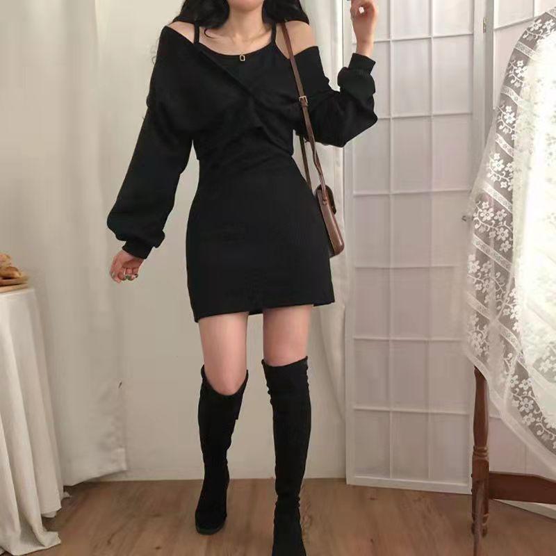 Product Introduction of 2024 Autumn and Winter New French Style Temperament Suspender Skirt + Blouse T-shirt Long Sleeve Suit Female Slim Solid Color Dress Hot Sale 32