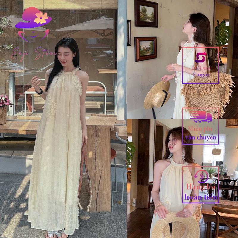 Váy yếm đũi  tơ đính  hoa Nữ Women Dress Đầm