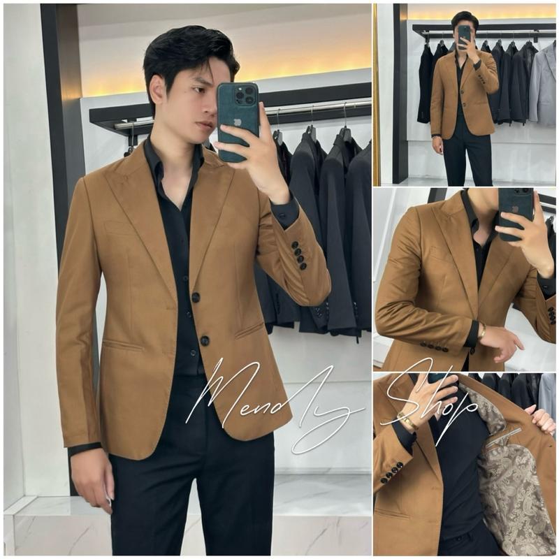 Áo Blazer nam chất liệu linen cotton / thoáng mát, lót gấm cấu trúc may 3 lớp, màu nâu - Jacket, Menswear