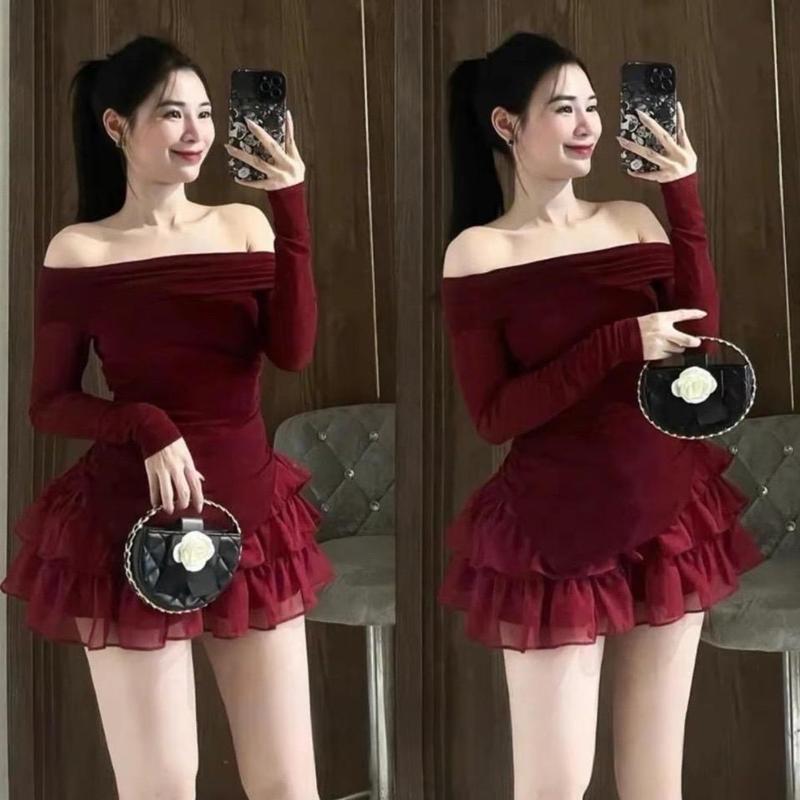 Set áo thun nhũ trễ vai tay dài phối chân váy voan tơ tầng cho nàng diện đi chơi đi tiệc xinh xắn
