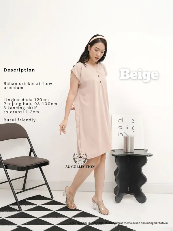 AGcollections | Dress Daster Pendek Belvana Kancing Busui Friendly Bahan Crinkle Airflow Premium Baju Tidur Dingin Wanita 0