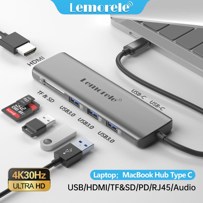 Bộ Chia USB Hub type Lemorele 4-13 trong 1 USB C / USB A to USB 3.0, USB 3.2, HDMI, SD / TF, PD, RJ45, VGA, Bộ Mở Rộng, Cáp, Chuột và Bàn Phím Cho Máy Tính, Macbook,PC, Laptop, Ipad