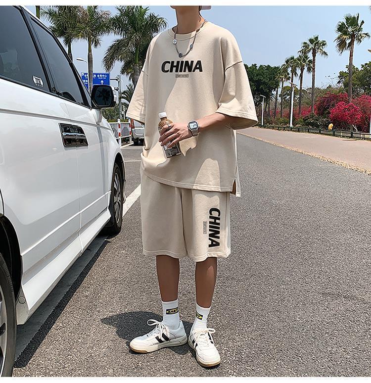 Product Introduction of Summer New Trendy Hong Kong Style Simple Letter Printing Leisure Sports Suit Green Student Short Sleeve Shorts Two Pieces Suit Menswear Overalls Lingerie Formal 20