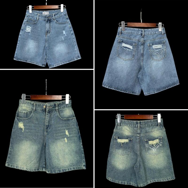 Quần Jeans Ngố Nữ Rách Nhẹ Lai Cuốn Thêu Số Túi Sau Nhà AnhThu Women Jeans