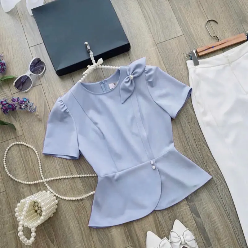 Áo peplum nơ phối ngọc hack dáng gọn eo Myna