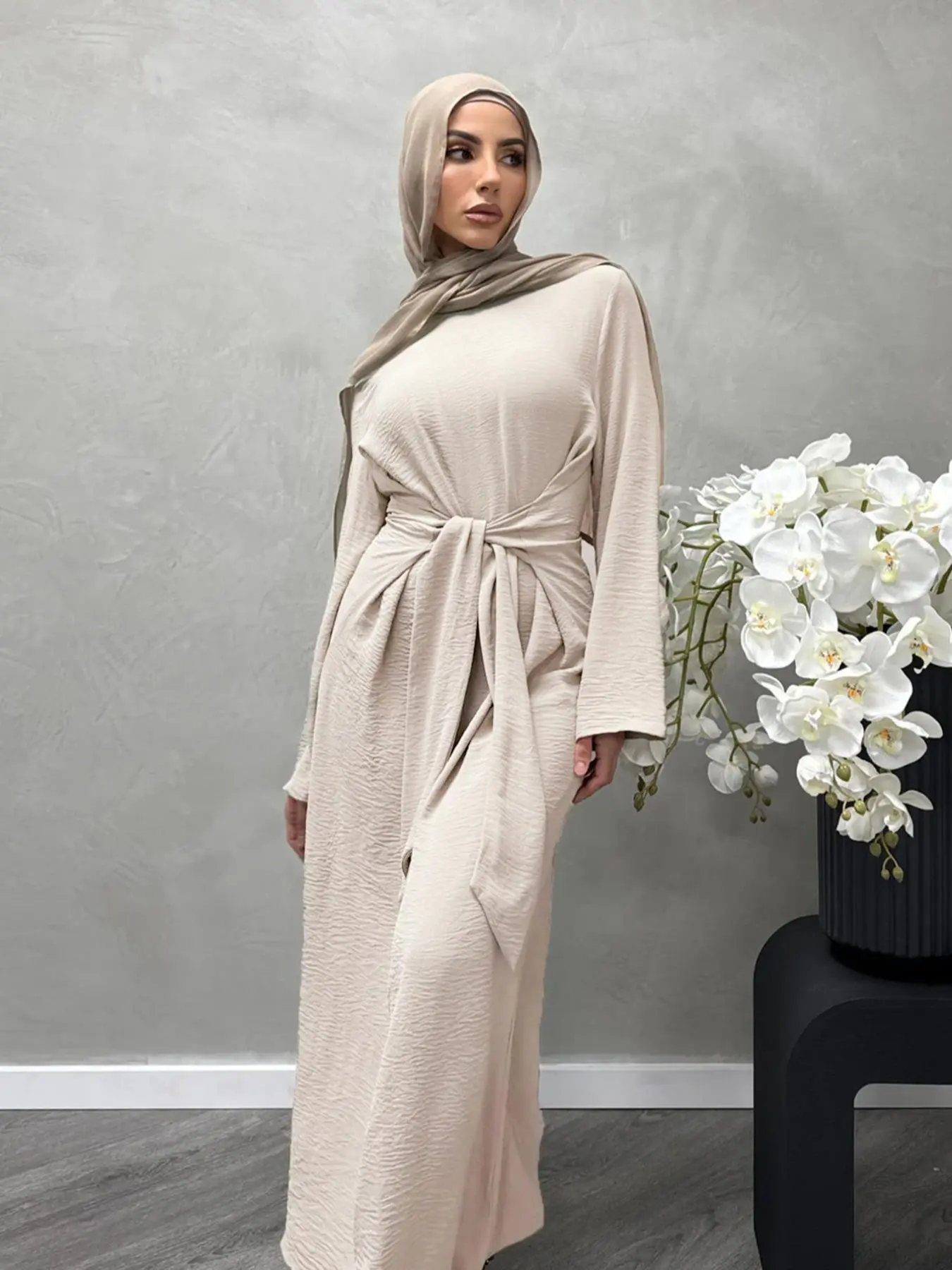 Women's Solid Color Knot Front Long Sleeve Dress, Modest Round Neck Long Dress for Daily Wear, Ladies Islamic Clothing for All Seasons, Holiday Dresses, Hijabi Cute Dresses, Muslims Thobe